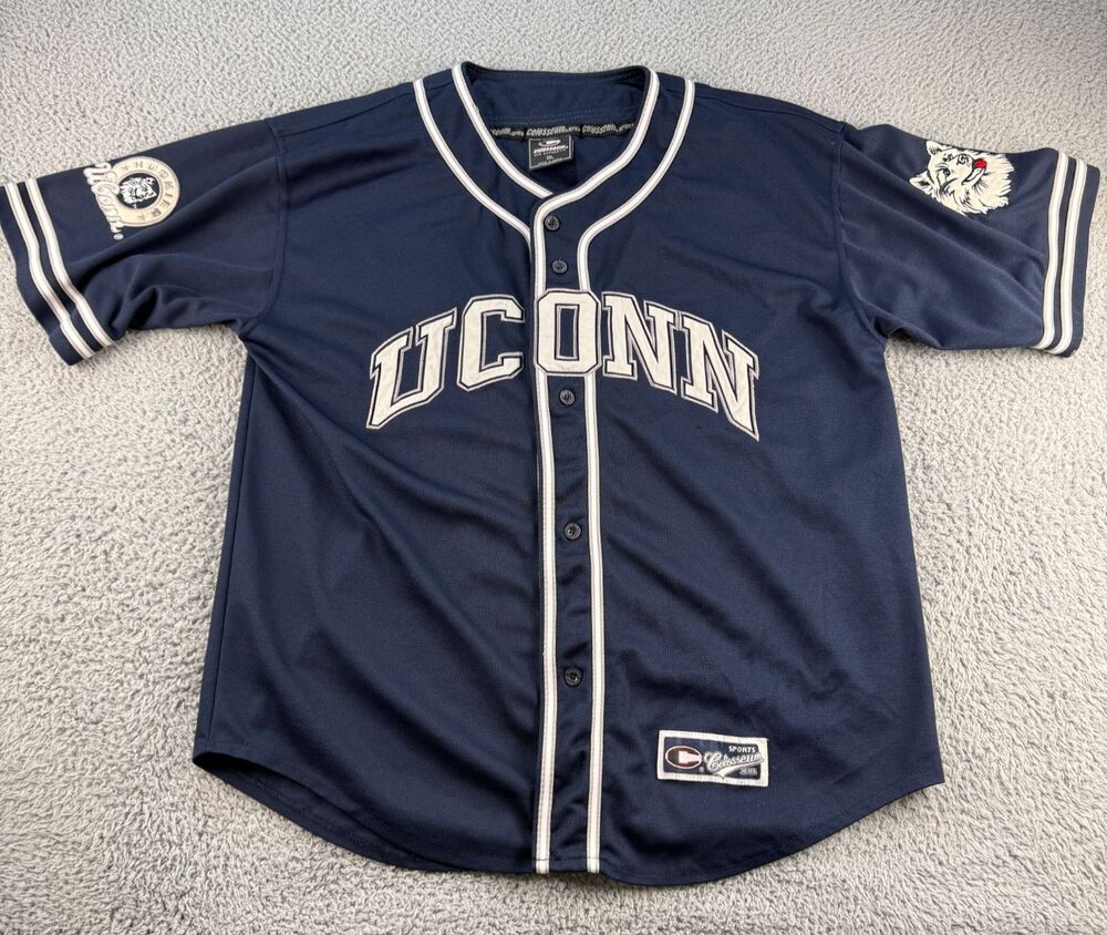 VTG UCONN Huskies Baseball Jersey XL Colosseum Blue Double Sleeve Old Logo CT